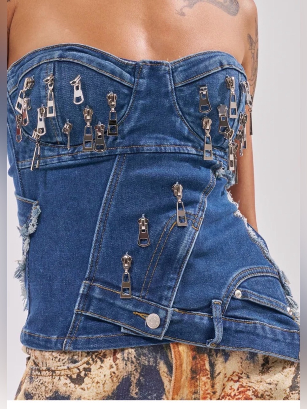 NWT AKIRA Blue Denim patchwork Strapless Zip-Accent Corset Top size 1X